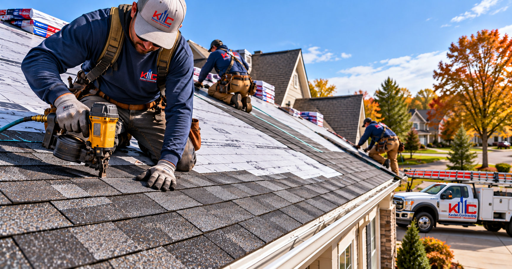 Professional roofing crew installing shingles on a residential roof in Central Indiana.