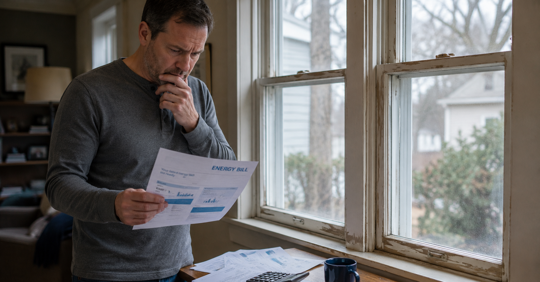 Homeowner standing near older windows while reviewing rising home energy costs and utility bills