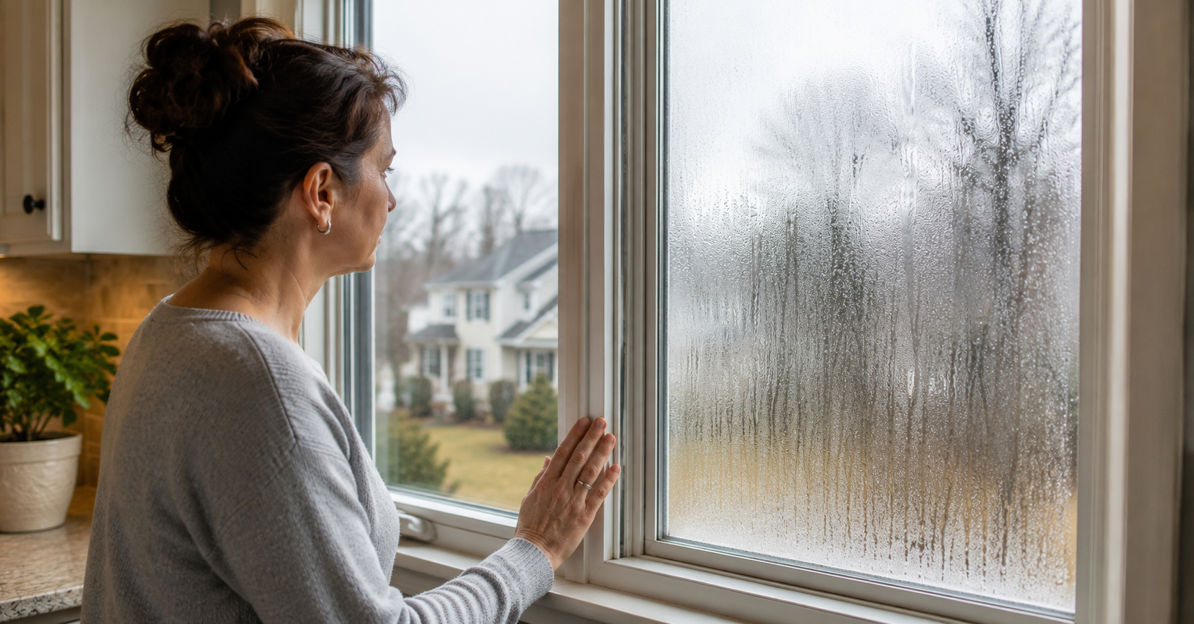 Foggy double-pane residential window showing condensation trapped between the glass after an insulated seal failure